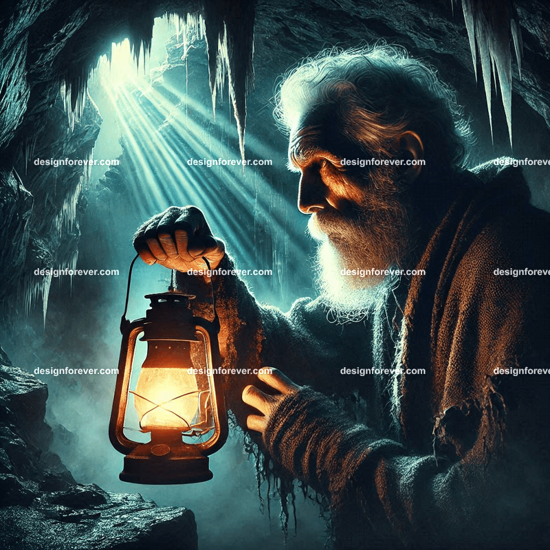 old man with lantern inside a dark cave mysterious scary lighting closeup face