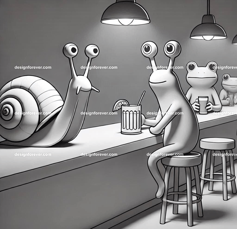 Anthropomorphs snails and frogs at bar