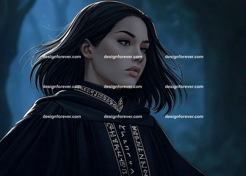 beautiful woman but with raven skin instead of human skin wearing black robe of magician with runes