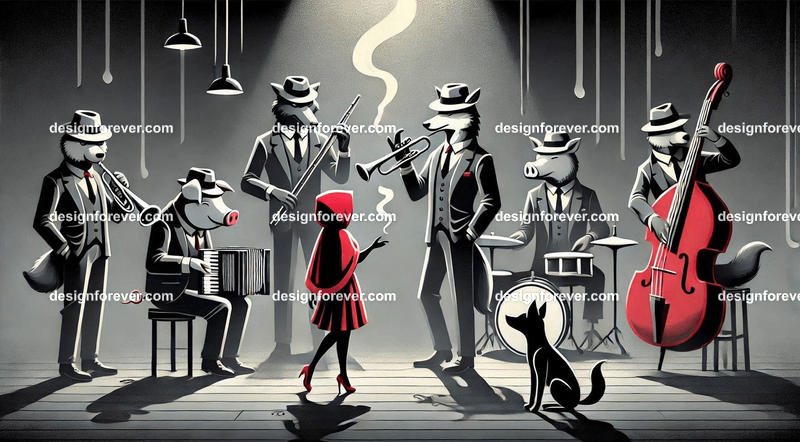 Anthropomorphs red riding hood and pigs and wolves as 1920s jazz musicians with suits, fedoras, and instruments in dark smoky room