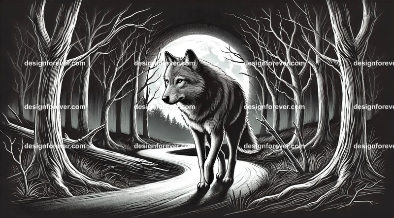 a wolf walking on a windy path in creepy dark woods with dead trees