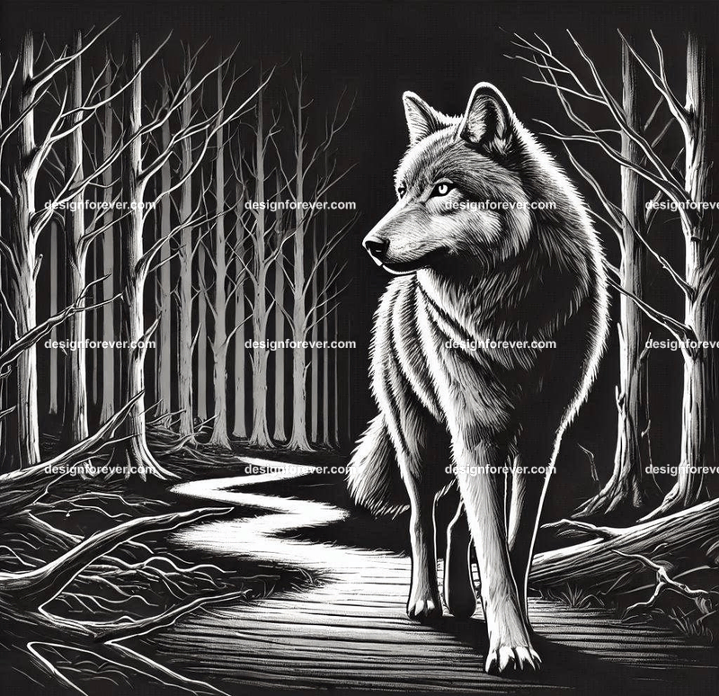 a wolf walking on a windy path in creepy dark woods with dead trees