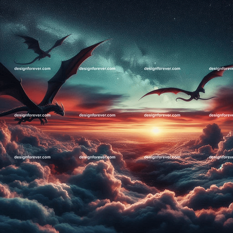 The flight of the dragons above majestic clouds and twilight sky stars