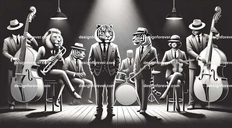 Anthropomorphs tigers and lions as 1920s jazz musicians with suits, fedoras, and instruments in dark smoky room