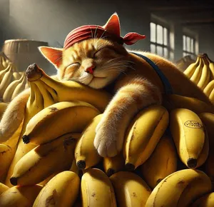 a cat sleeping a pile of bananas