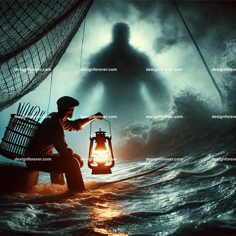 fisherman at sea with lantern peering into dark fog shape of monster Masterful photo