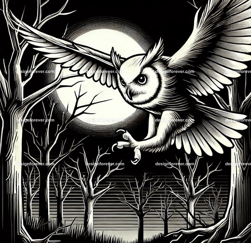owl swooping down for prety in creepy dark woods with dead trees
