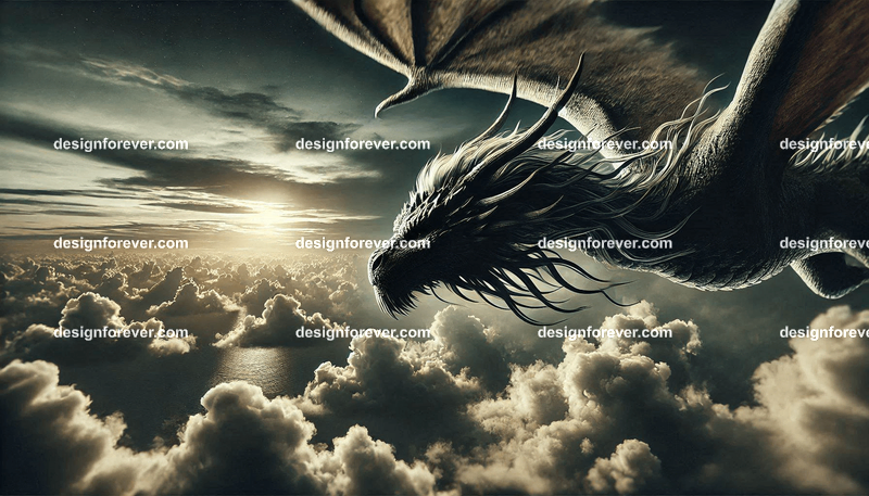 The flight of the dragons above majestic clouds and dark sky