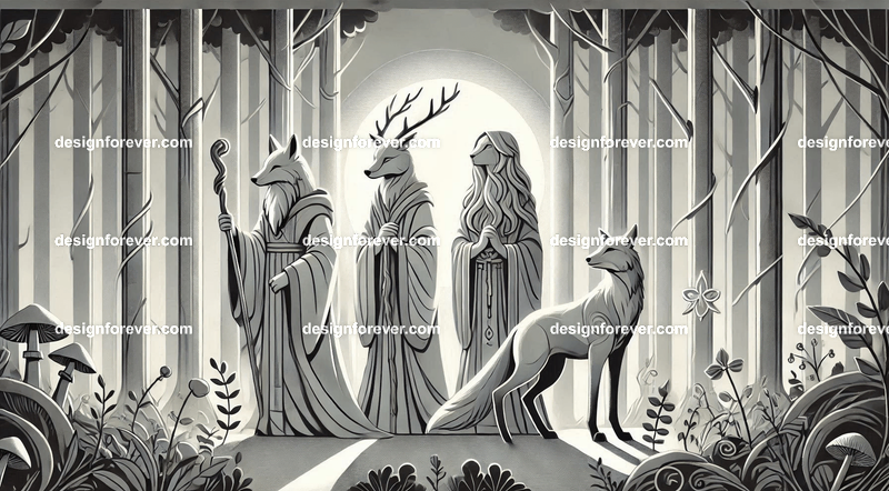 Woodland animals personified as wise, druidic protectors of nature