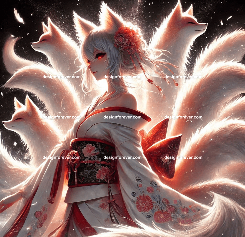 Kitsune in a silk kimono, with multiple tails glowing faintly, surrounded by mystical foxfire