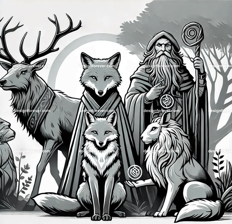 Woodland animals personified as wise, druidic protectors of nature