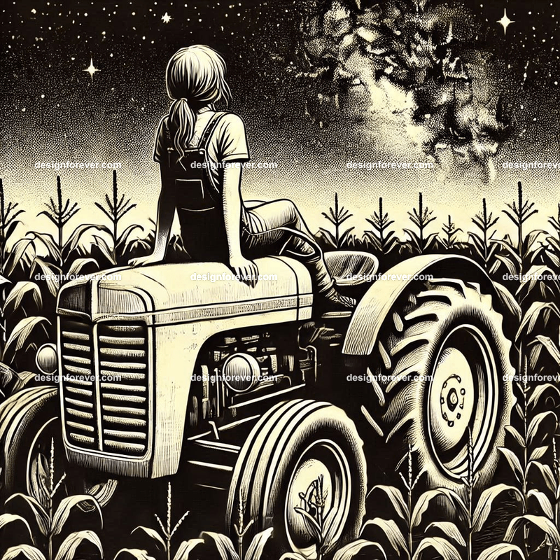 girl lying in corn field on top of tractor staring at sky at night