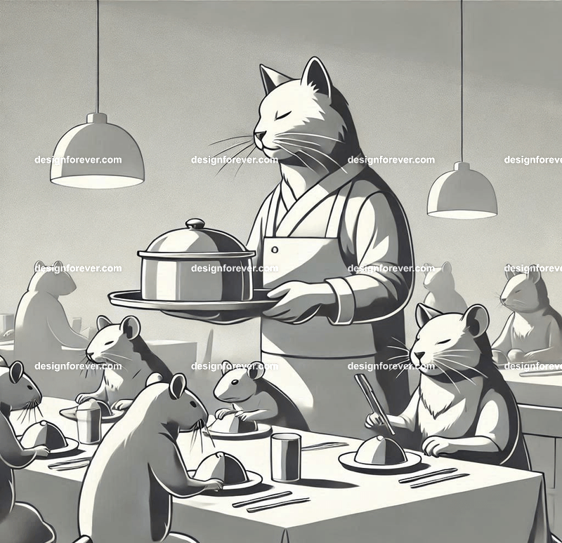 Anthropomorphs cats server food to rat customers at a restaurant