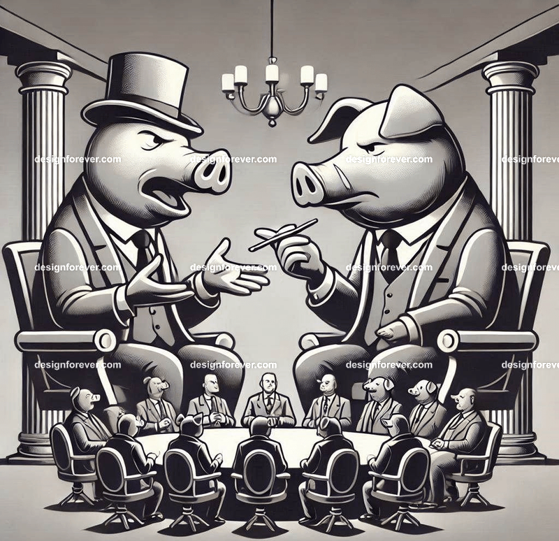 Personified pigs debating politics in a lavish setting