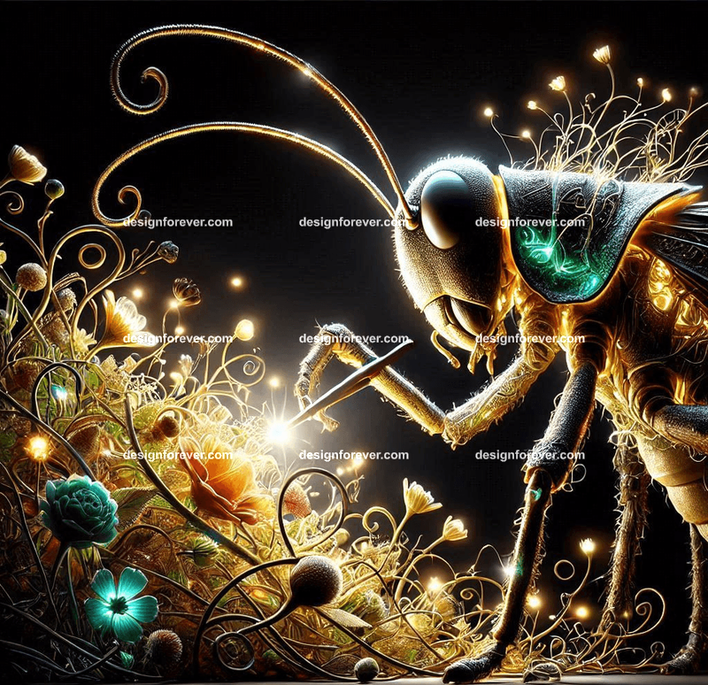 A grasshopper designing intricate, glowing structures made of vines and flowers for woodland creatures