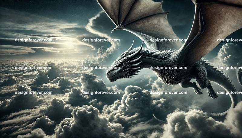 The flight of the dragons above majestic clouds and dark sky
