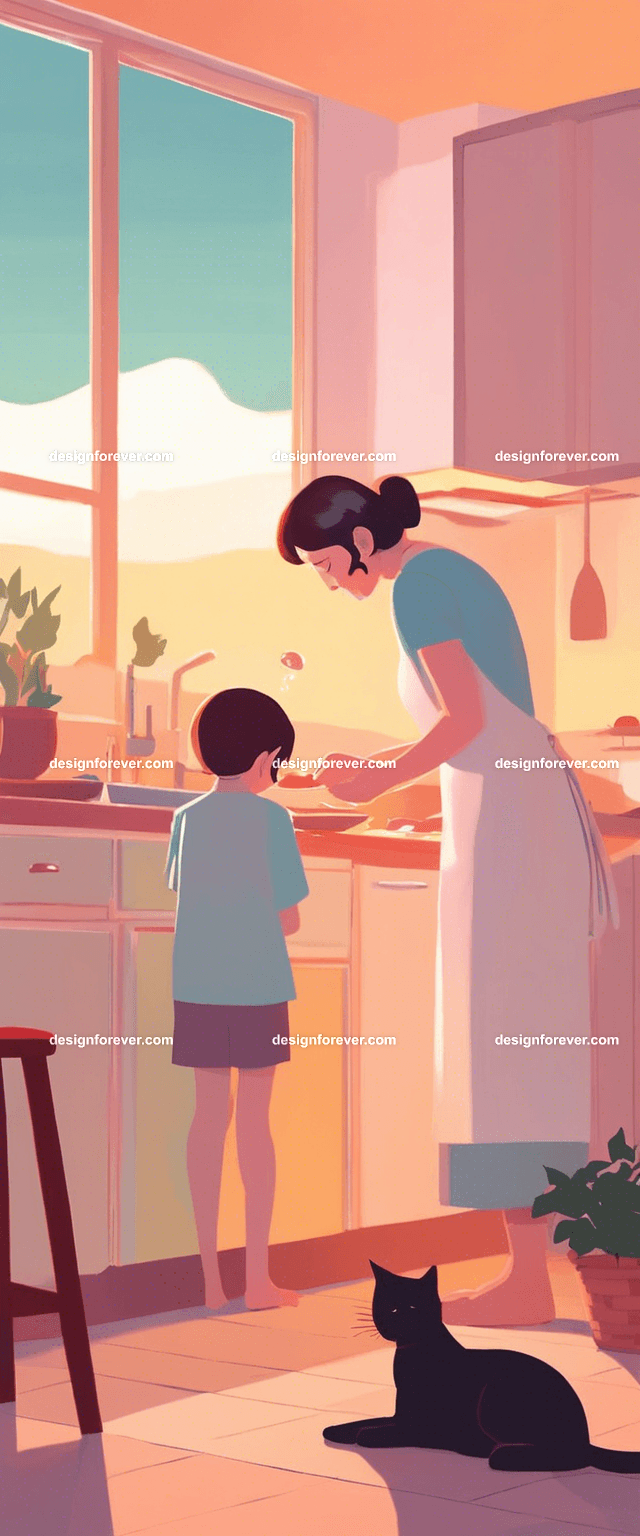 grandmother with child cooking in kitchen evening time with dark sky