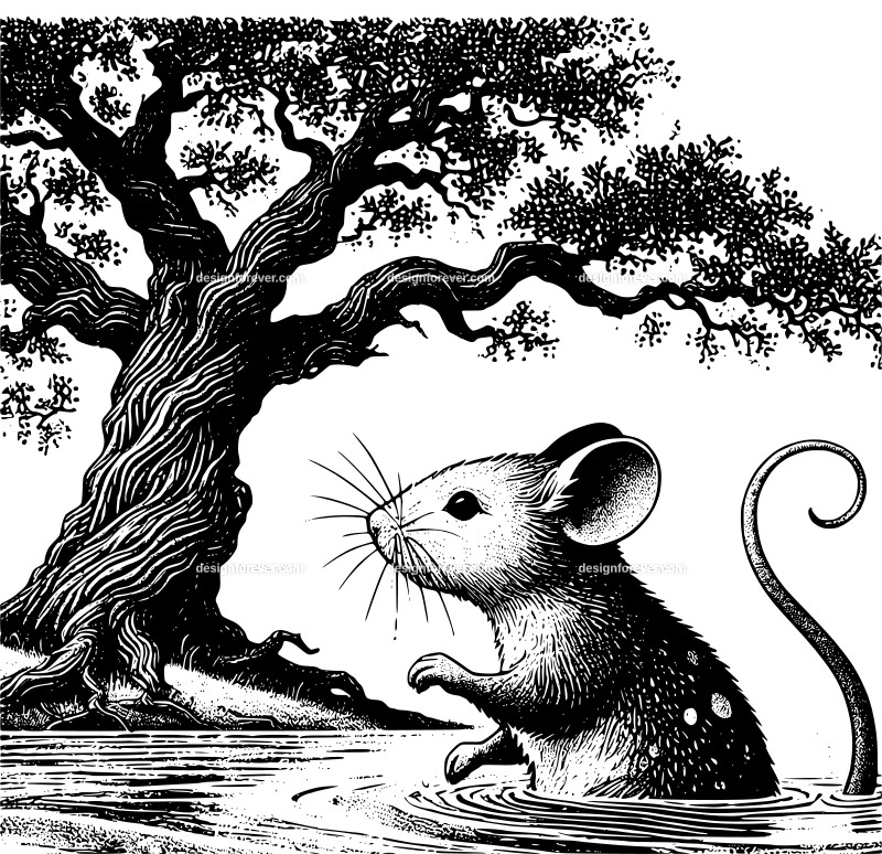 anthromorphic mouse swimming in pond next to old oak tree