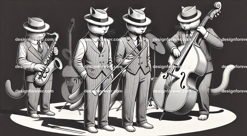 Anthropomorphs as 1920s jazz musicians with suits, fedoras, and instruments