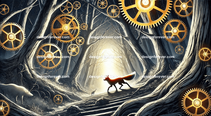 A fox navigating a forest where the trees have clockwork mechanisms, with gears glowing faintly in the moonlight