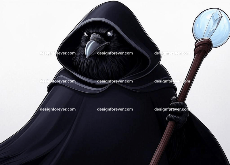 Mysterious raven in a dark hooded cloak