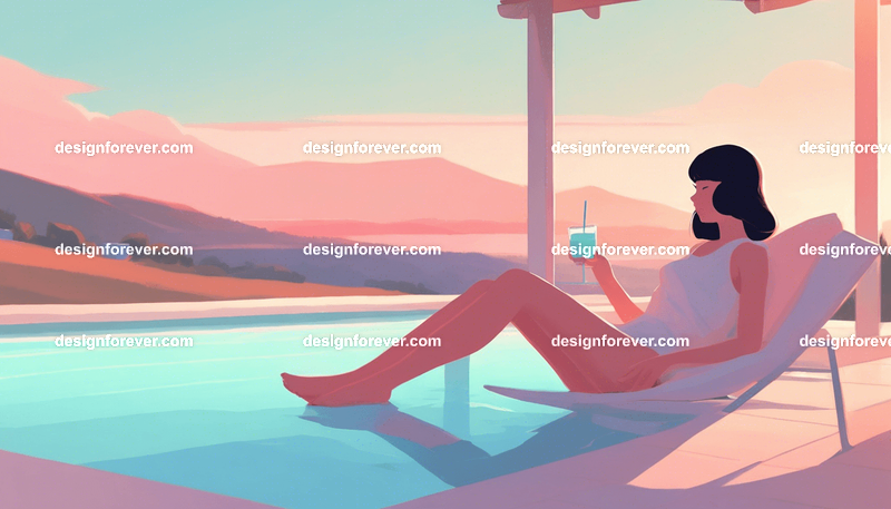 young woman relaxing next to pool with drink