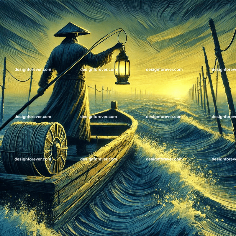 Long fisherman with lantern on boat