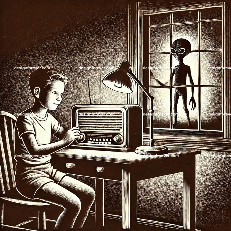 boy fiddling with radio in room with table light and alien outside window