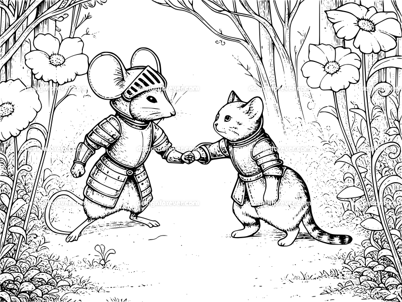 mouse in knights armor fighting cat