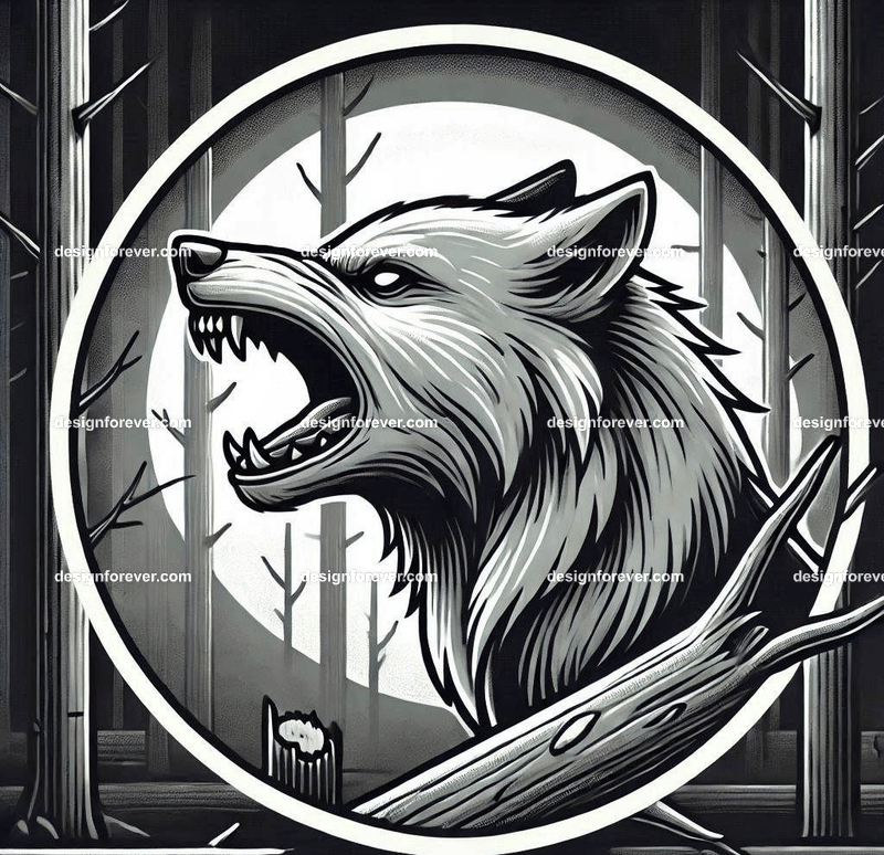 round frame depicting A wolf baring its teeth in a creepy forest with dead trees