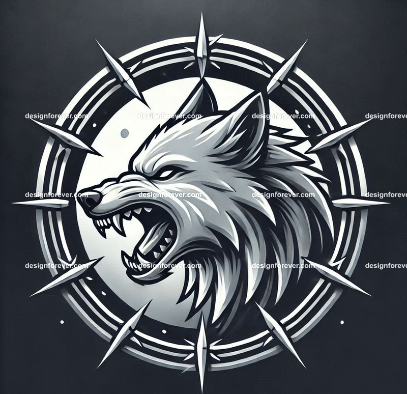 A wolf baring its teeth surrounded by sharp thorns