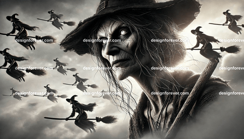 flight of witches in broomsticks in the skies