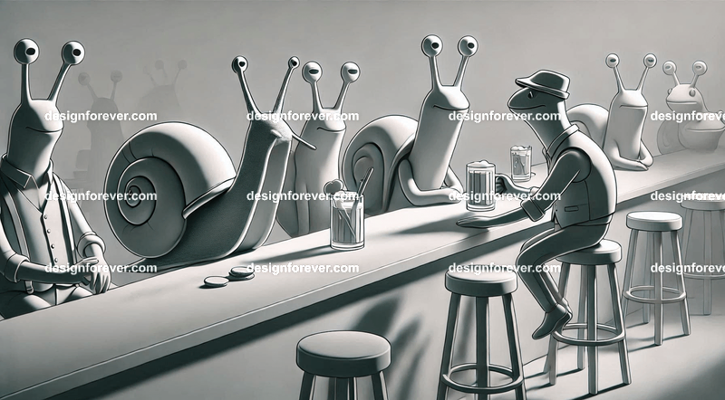 Anthropomorphs snails and frogs at bar