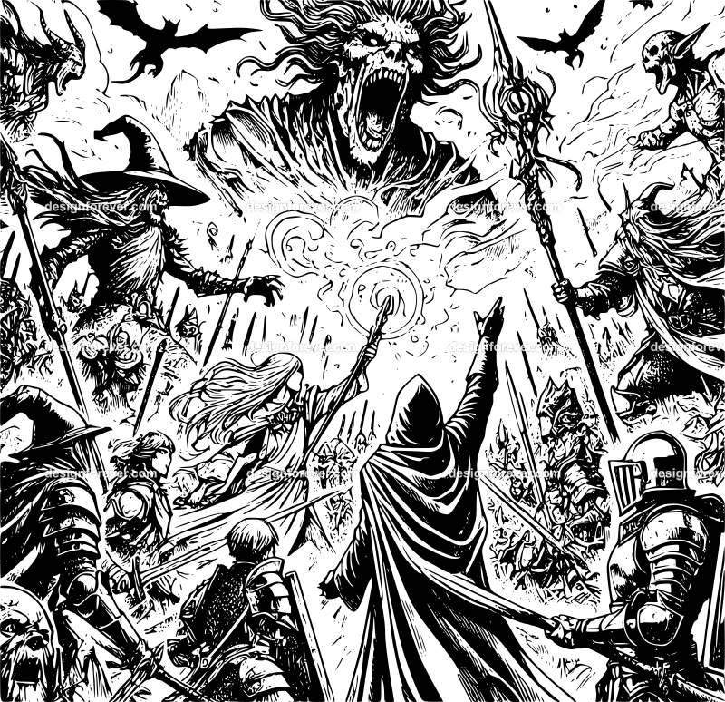 epic scene of wizards and knights and elves fighting against raging horde of monsters