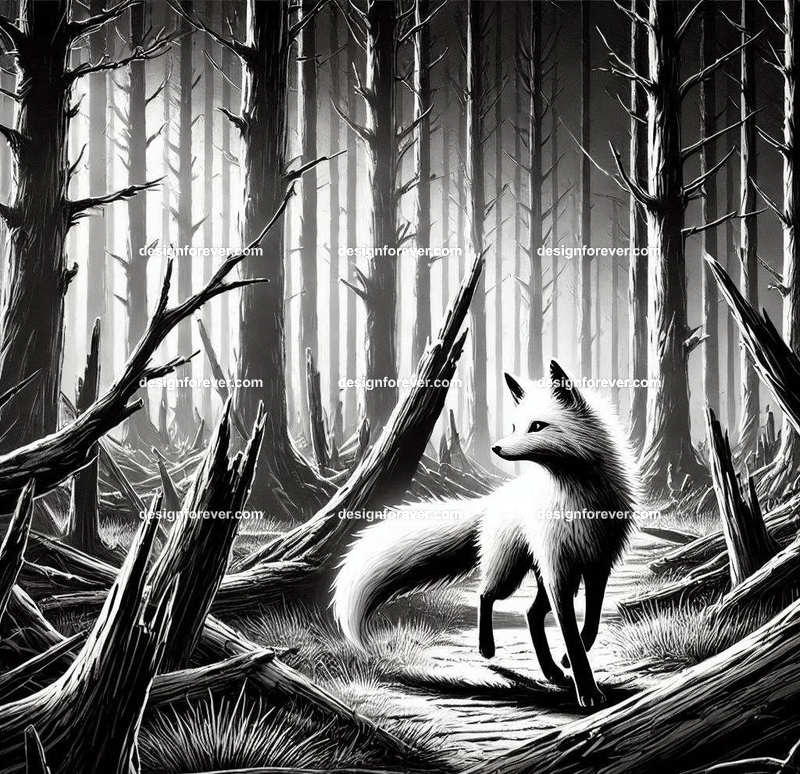 A fox navigating a creep black and white forest and dead trees