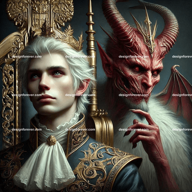 the evil king and his demon advisor in throne room