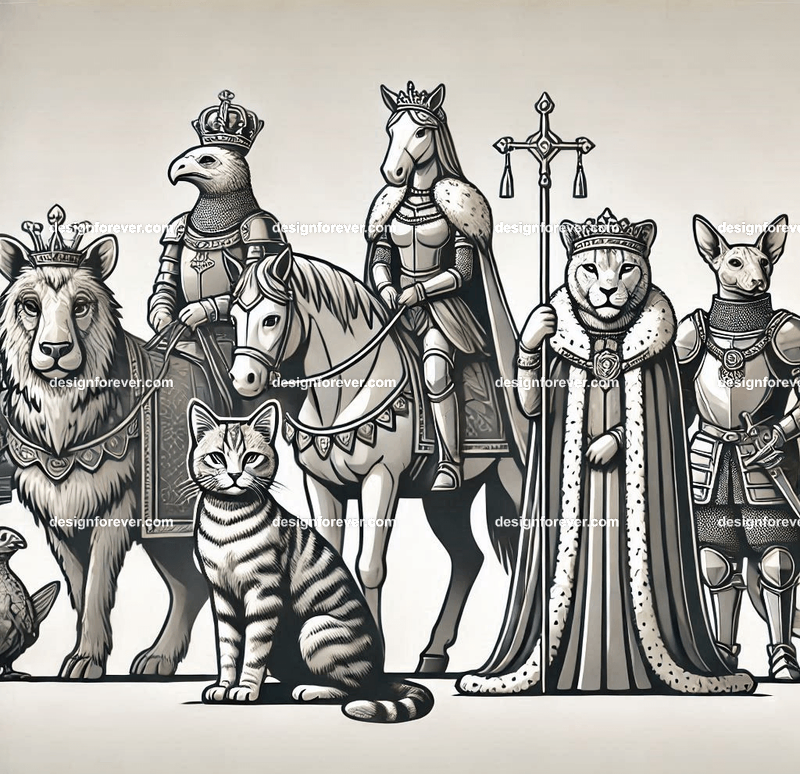 Animals depicted as kings, queens, or nobility, wearing intricate medieval or regal attire
