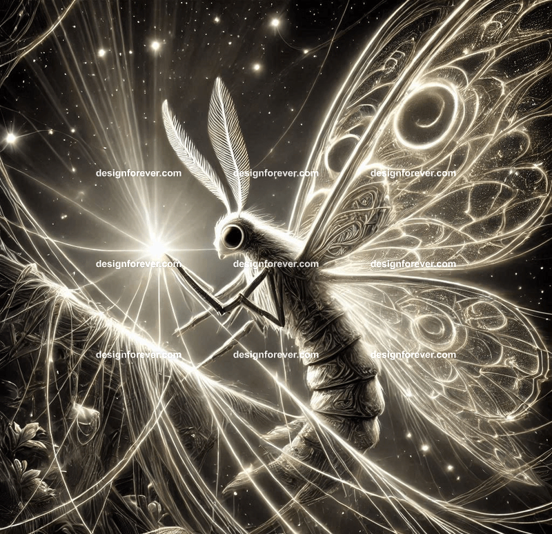 A moth sewing glowing threads into enchanted garments under a canopy of stars