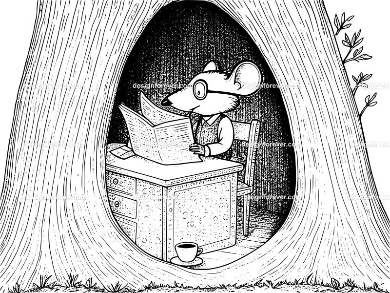 mr mouse reading newspaper inside his warm cozy home inside hollow of oak tree