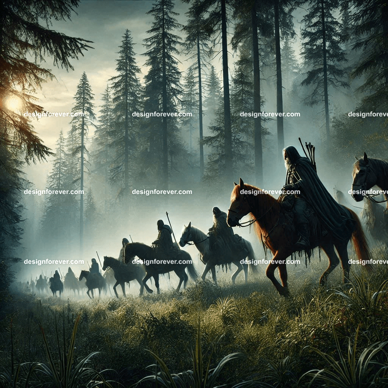 The heroes from wheel of time on horses traveling through forest