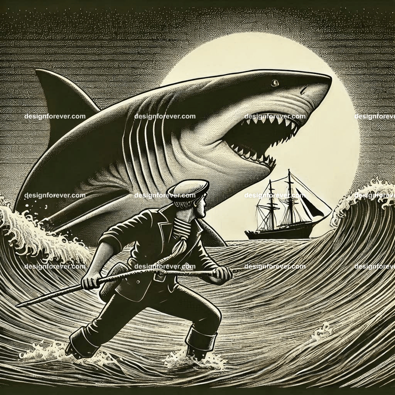 the sailor against the huge shark in the sea