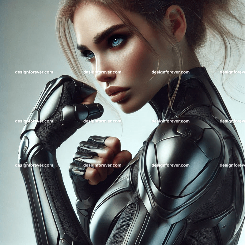 fierce woman in body suit armor punch attack