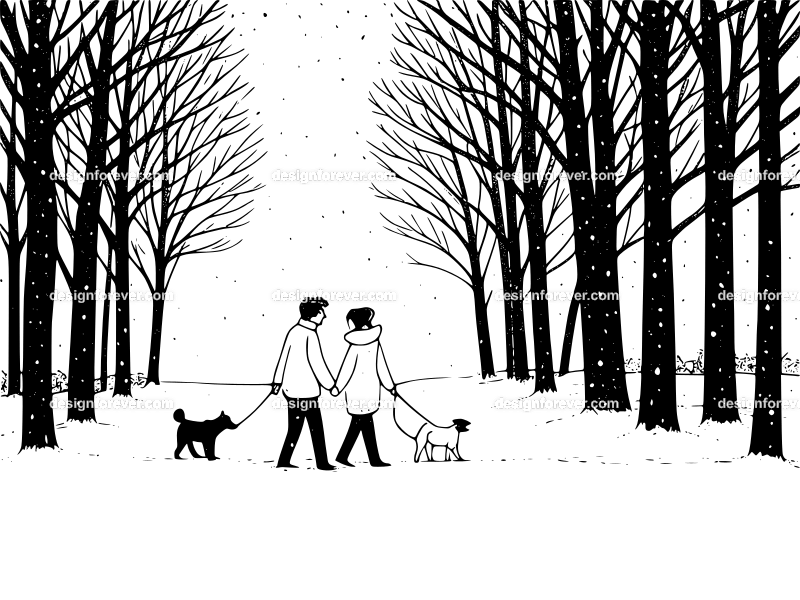 couple walking dog in winter