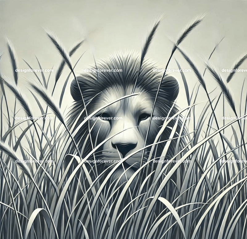 a lion hidden behind stalks of grass