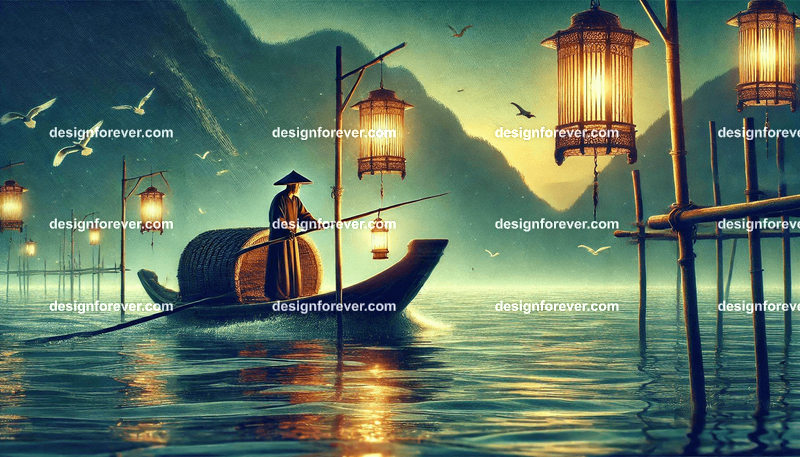 Long fisherman with lantern on boat