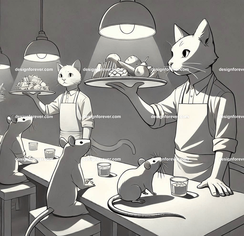 Anthropomorphs cats server food to rat customers at a restaurant