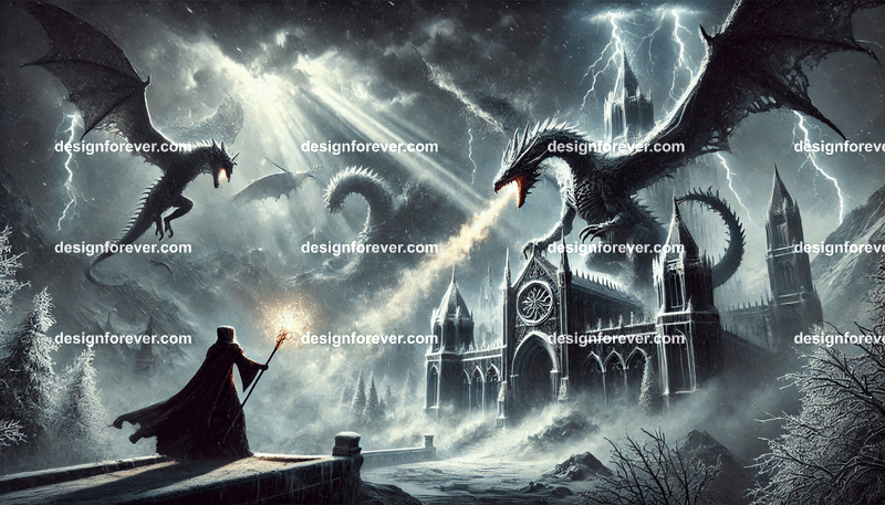 Storm dragons assaulting palace defended by mages in winter