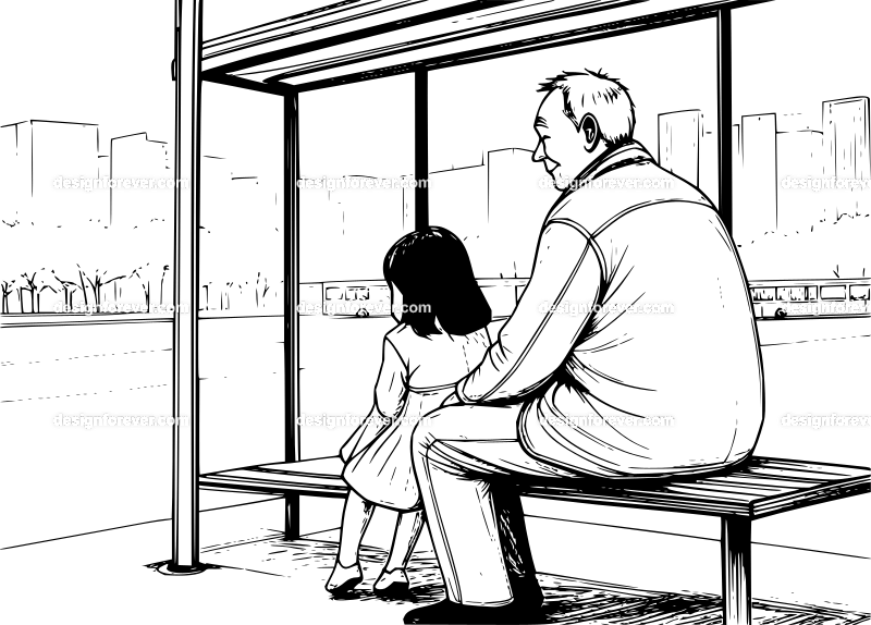 a grandfather and daughter waiting at bus stop