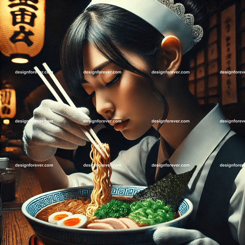 tokyo hostess eating bowl of ramen closeup extreme contrast