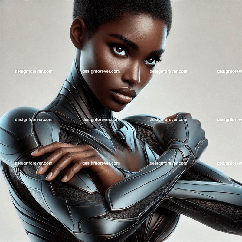 fierce woman in body suit armor cross arm ultraman defense